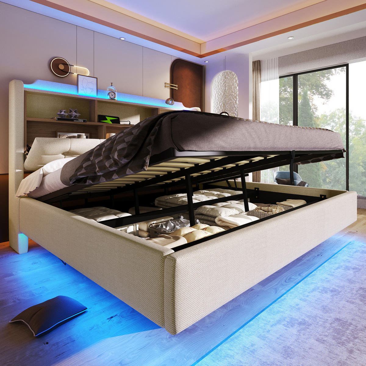 POLSTERBETT 180x200 cm in Beige mit LED, hydraulischem Stauraum und USB-C - Beige, Textil (180/200cm) - IVMEU