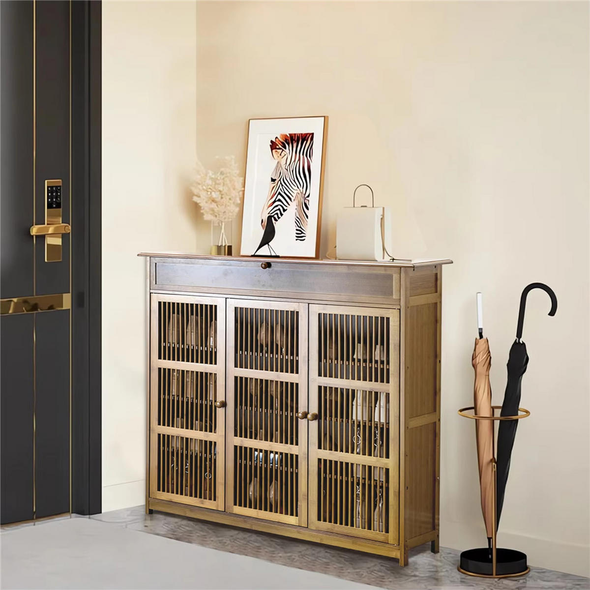 SCHUHSCHRANK 4-stufig aus Bambus mit 3 Türen - Naturfarben, Naturmaterialien (99/98/32cm) - Kaket