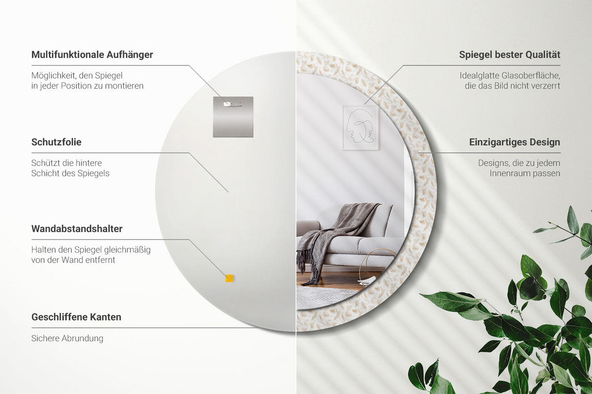 SPIEGEL Rund Ø 90 cm mit Aufdruck - Creme, Glas (90/90/0.4cm) - Wallfluent