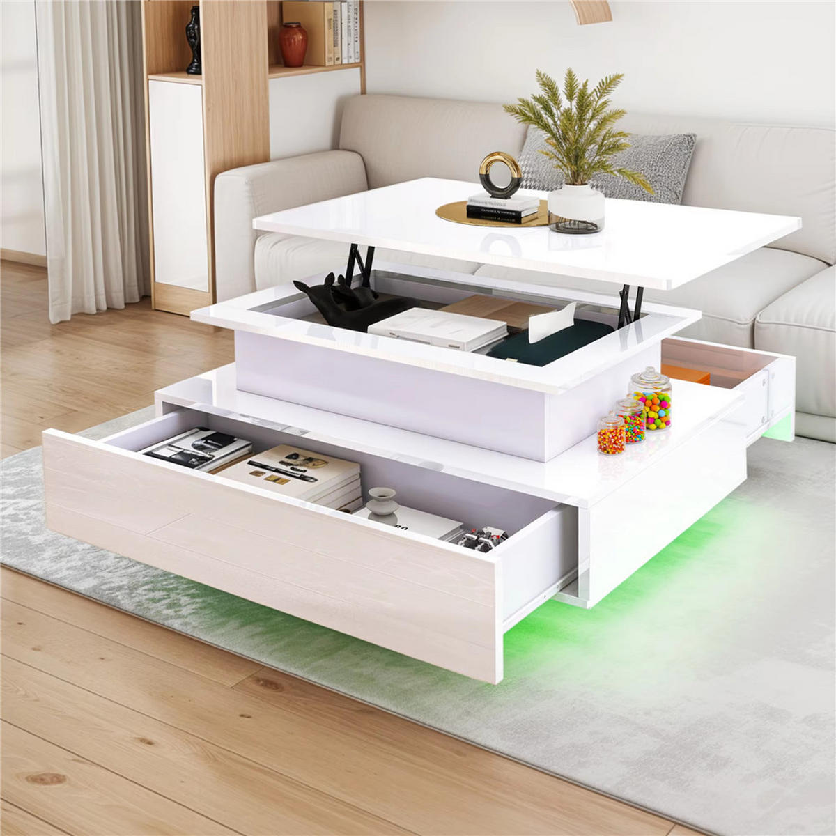 COUCHTISCH Lift-Top LED 16 Farben 2 Schubladen Weiß modern - Weiß, Holz (55/85/56cm) - Kaket