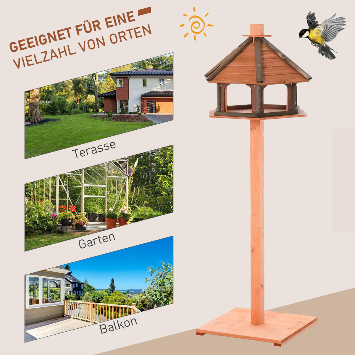 VOGELHAUS DE-10712 mit Ständer & wetterfestem Dach Natur - Naturfarben, Holzwerkstoff (52/130/52cm) - ComfortXL