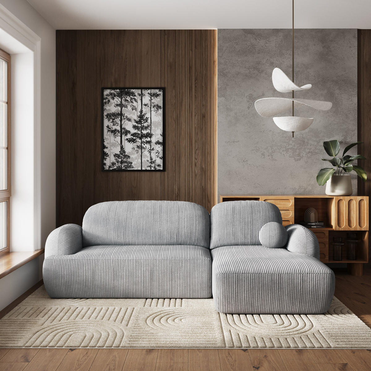 ECKSOFA MODENZA P R-S Hellgrau Kordstoff mit Schlaffunktion - Hellgrau, Holz (266/148cm) - MASSENO