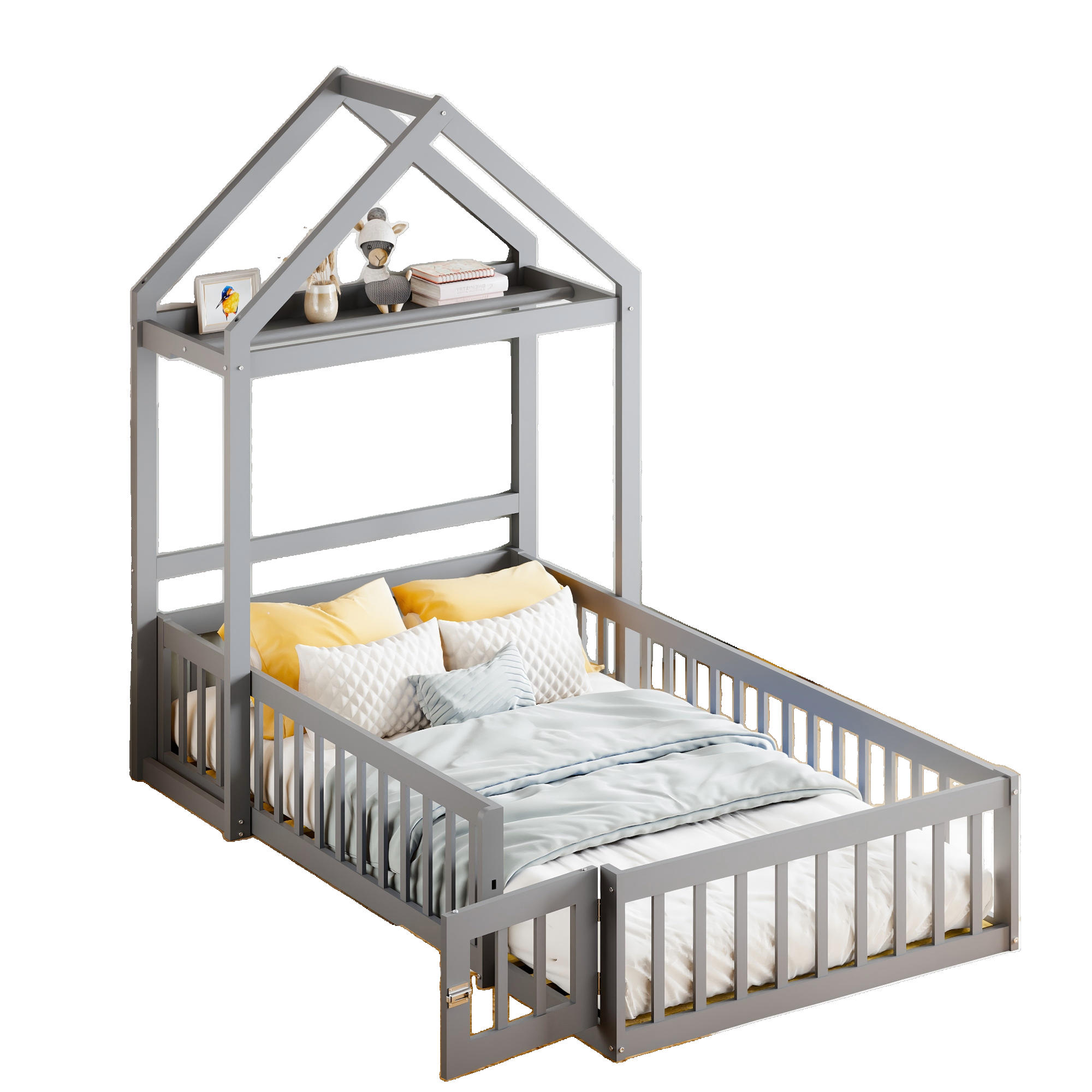 HAUSBETT 90/200 cm grau mit Stauraum und Vollschutzgitter - Grau, Holz (90/200cm) - OKWISH