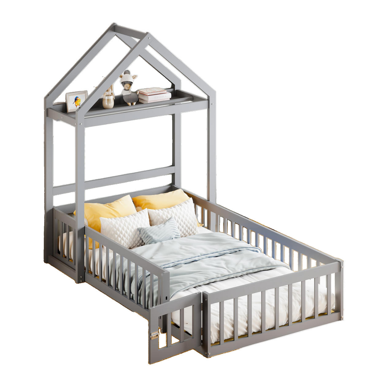 HAUSBETT 90/200 cm grau mit Stauraum und Vollschutzgitter - Grau, Holz (90/200cm) - OKWISH