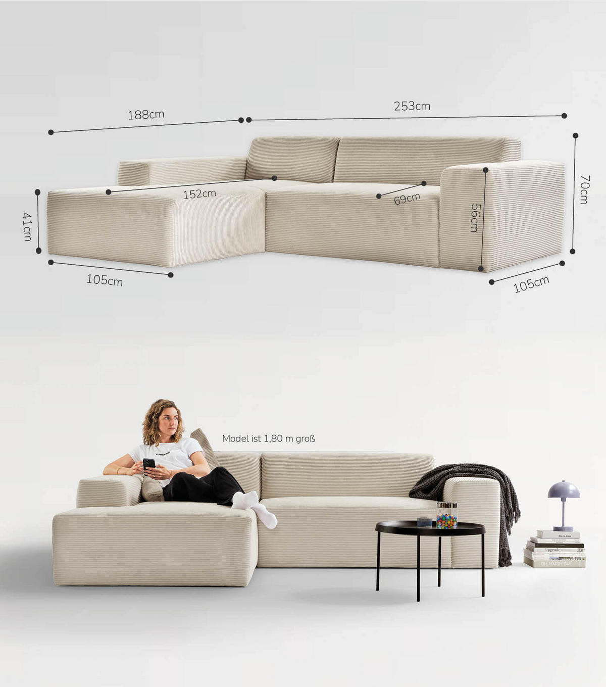 ECKSOFA Die Lässige Recamiere links - Beige, Textil (253/188cm) - Mokebo