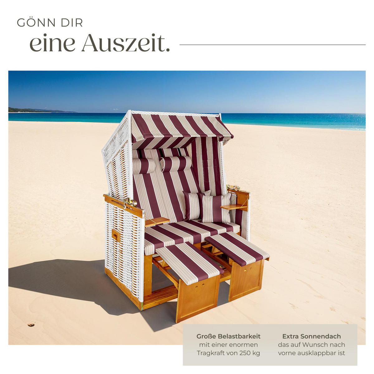 STRANDKORB Sylt,115 x 158 x 78 cm,rot/weiß - Rosa/Weiß, Holz (78/158/115cm) - tectake