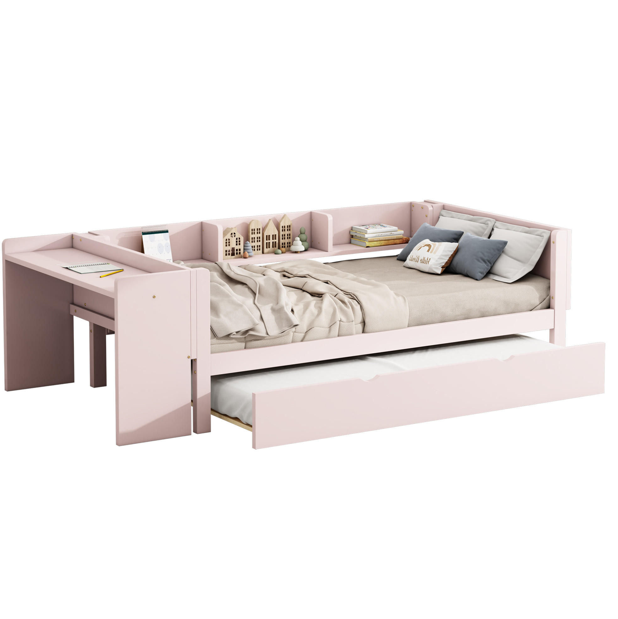 BETT 90/200 cm in Rosa mit Ausziehbett, Schreibtisch und Lattenrost - Rosa, Holz (90/200cm) - BEAOK