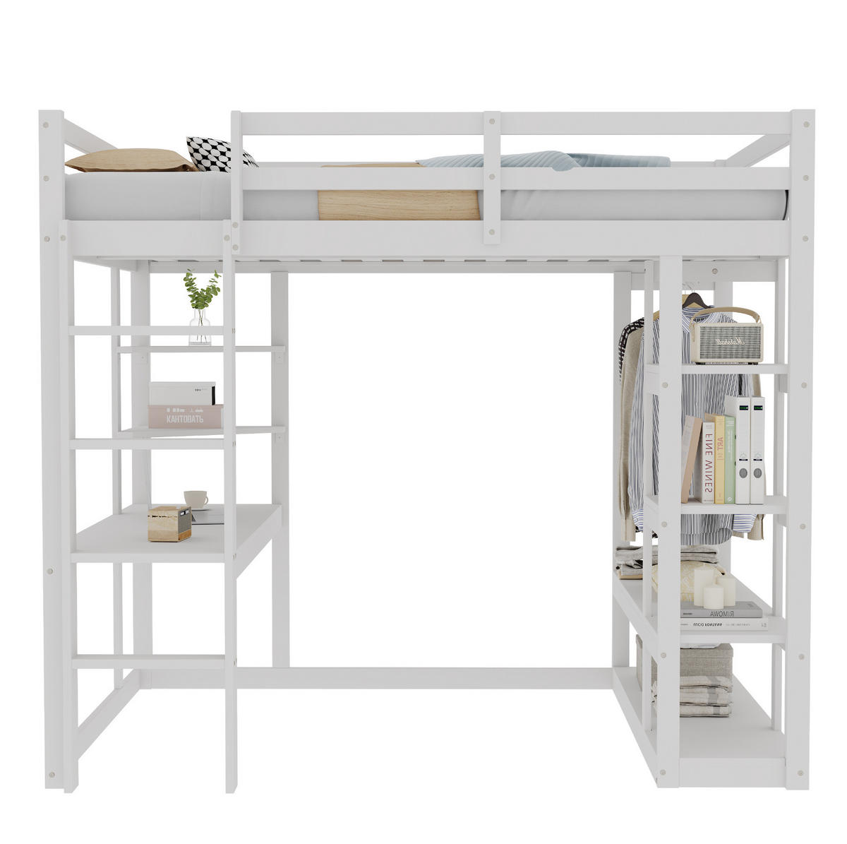 HOCHBETT 140/200 cm mit Schreibtisch, Regalen und Garderobe aus Holzwerkstoff, Weiß - Weiß, Holzwerkstoff (140/200cm) - Redom