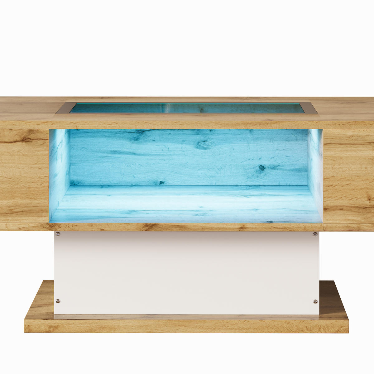 COUCHTISCH mit LED-Beleuchtung Glasplatte 2 Schubladen offener Ablage Wohnzimmertisch - Naturfarben, Holzwerkstoff (110.2/60/39.7cm) - EVRYAE