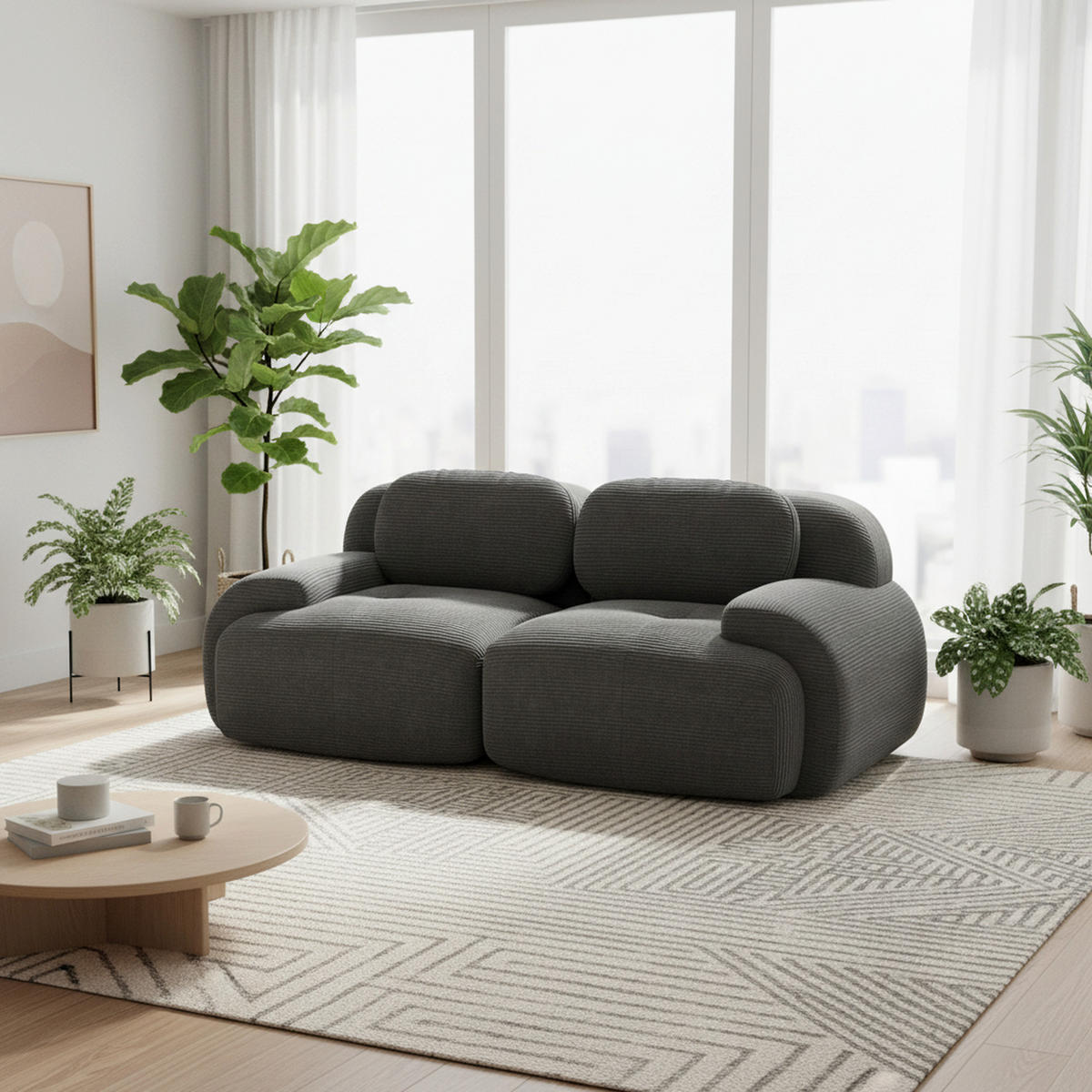 2-SITZER-SOFA in cordstoff rahmenloses design & modular kombinierbar - Grau, Textil (103/75/208cm) - Urban Meuble