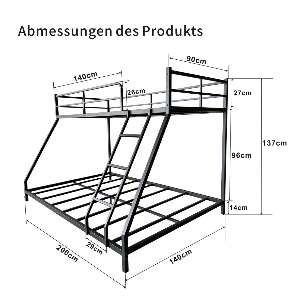 ETAGENBETT 140/200 cm Schwarz Metall mit Schutzgeländer - Schwarz, Metall (140/200cm) - MIVRAY