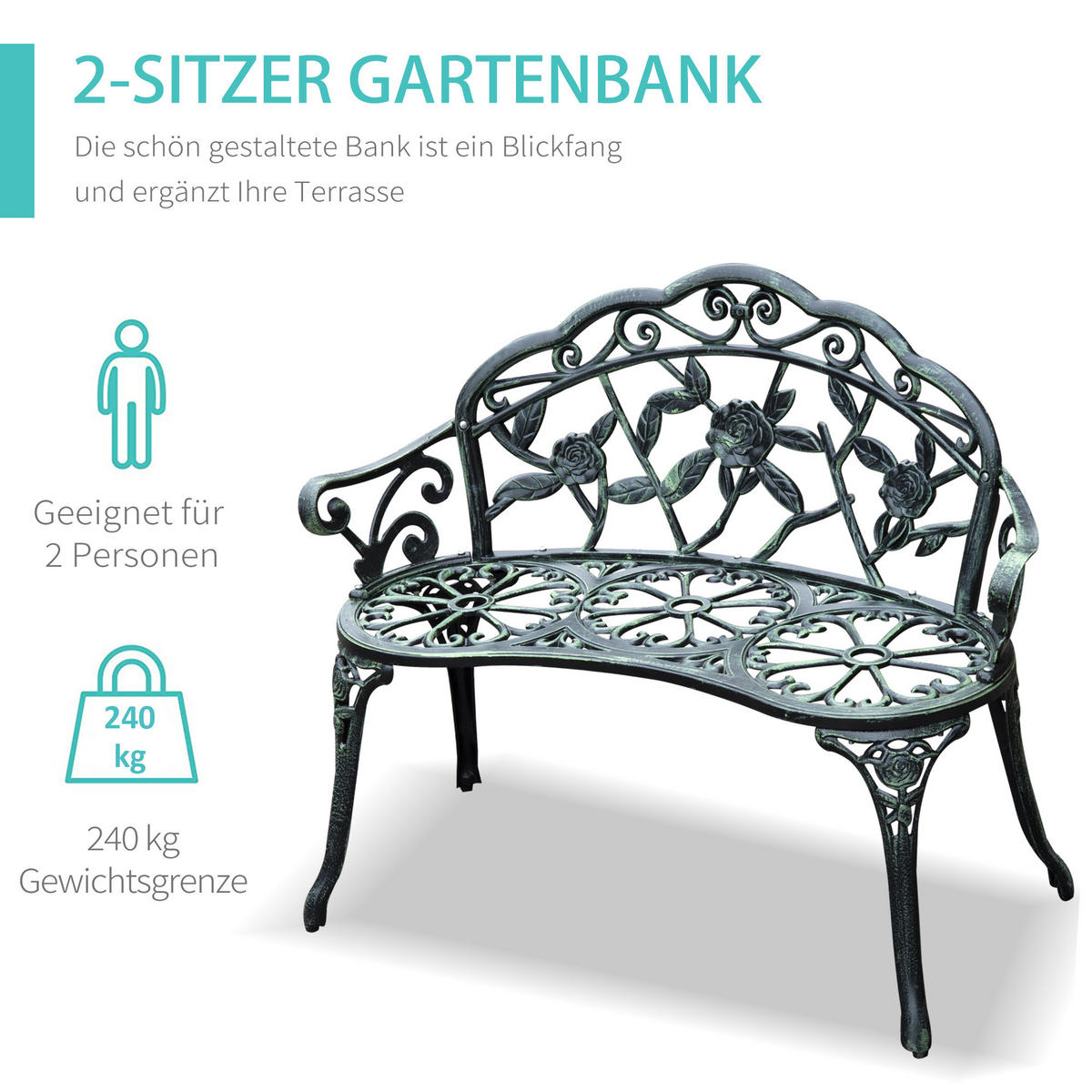 GARTENBANK, Parkbank, 100 x 54 x 78 cm, Metall, Antik Grün - Grün, Metall (100/78/54cm) - Outsunny