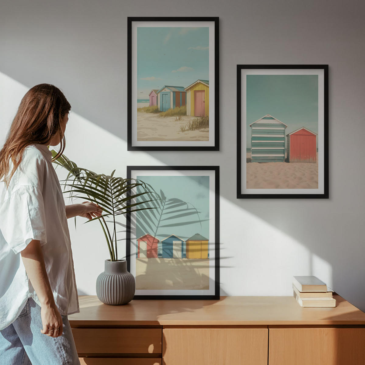WANDBILDER 3er-Set - 40x60 cm Schwarzer Rahmen - Bunte Häuser, Strand, Sonne - Schwarz, Kunststoff (40/60cm) - ArtPrintCave