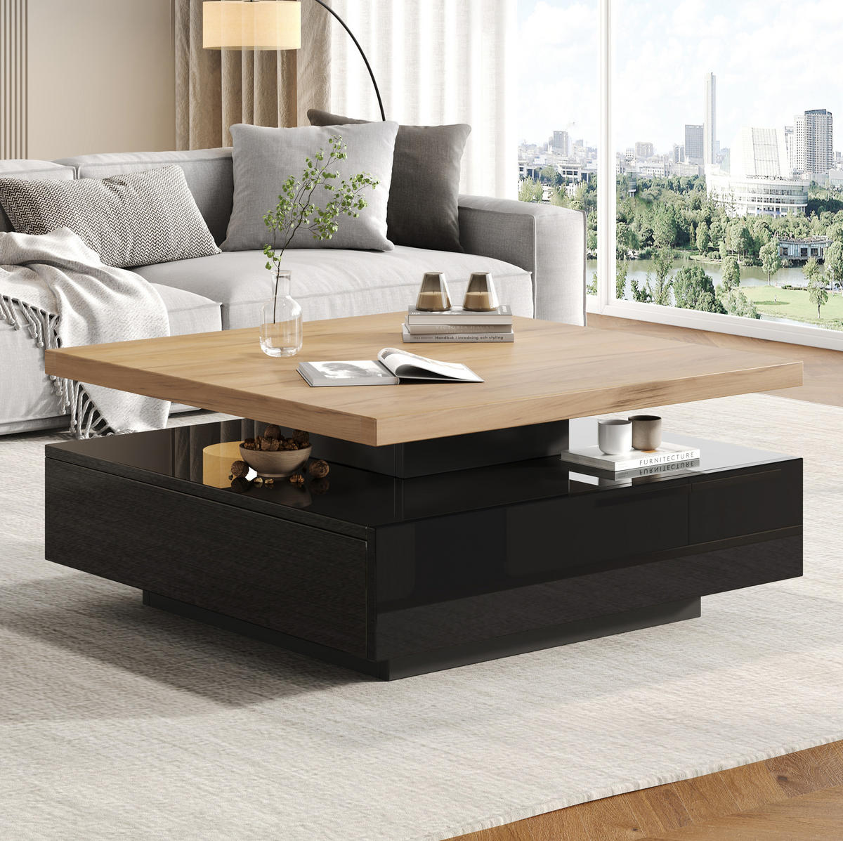 COUCHTISCH 70/70/36 cm in Walnuss/Schwarz mit Drehplatte und Schublade - Schwarz, Holzwerkstoff (70/70/36cm) - Flora Grace