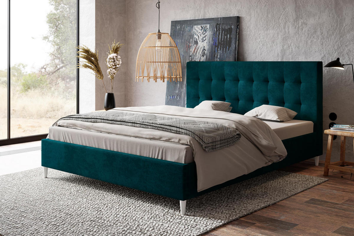 POLSTERBETT LUX Rio mit Kopfteil, 140 x 200 cm, Doppelbett mit Lattenrost aus Holz, Velourstoff Dunkelgrün, Füße in Farbe: Weiß - Dunkelgrün, Holz/Textil (140/200cm) - Alpi-Möbel