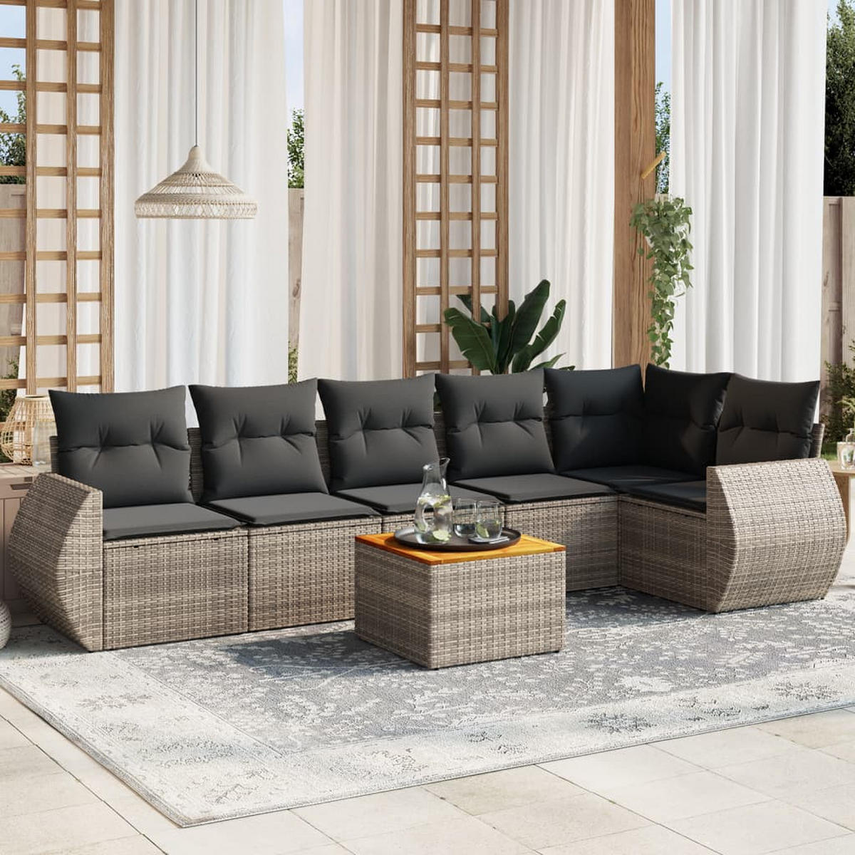 GARTEN-SOFAGARNITUR 7-teilig Mit Kissen Grau Poly Rattan - Grau, Kunststoff - vidaXL
