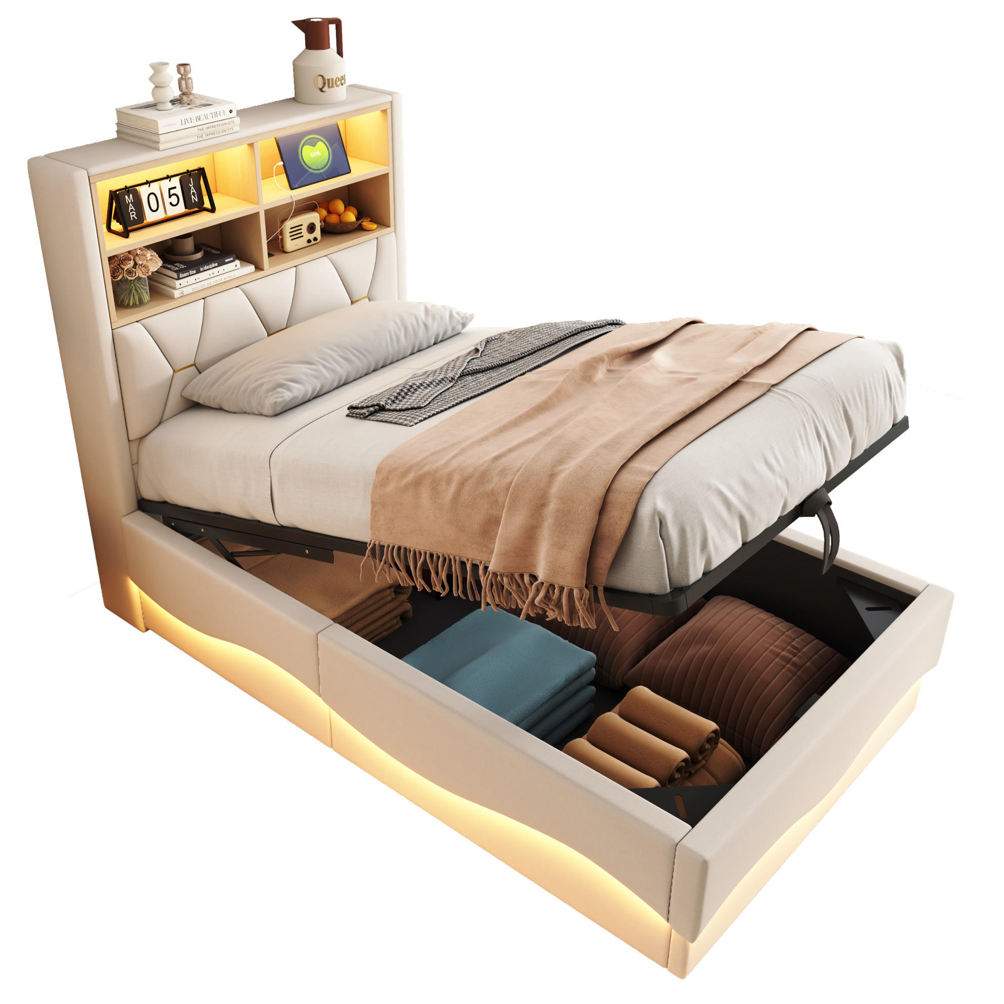 KINDERBETT 90/200 cm Beige aus Leinen und Metall mit LED-Beleuchtung und Stauraum - Beige, Metall (90/200cm) - OKMYHOME