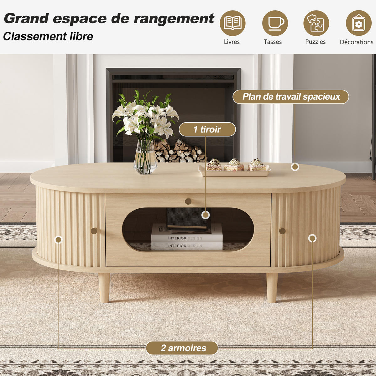 COUCHTISCH 100/50/36 cm holzfarben aus MDF mit Schublade und Rollladentüren - Eichefarben, Holzwerkstoff (100/50/36cm) - OKWISH