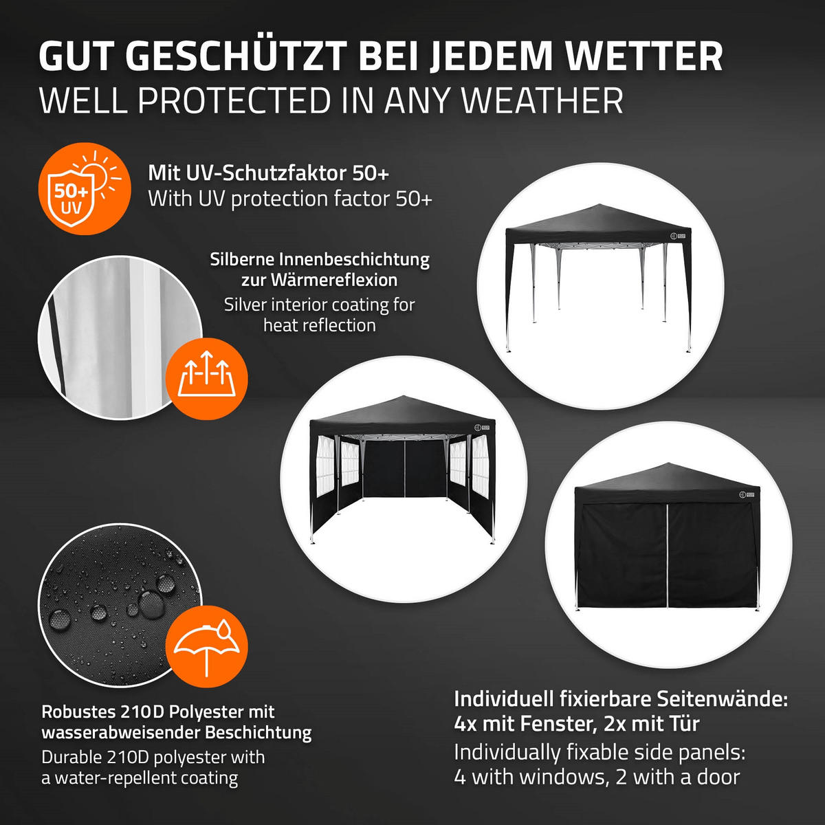 POP UP PAVILON 3x6 m černý skládací pavilon, vodotěsný, stabilní, se 6 bočními stěnami - černá, textil (600/260/300cm) - ECD-Germany