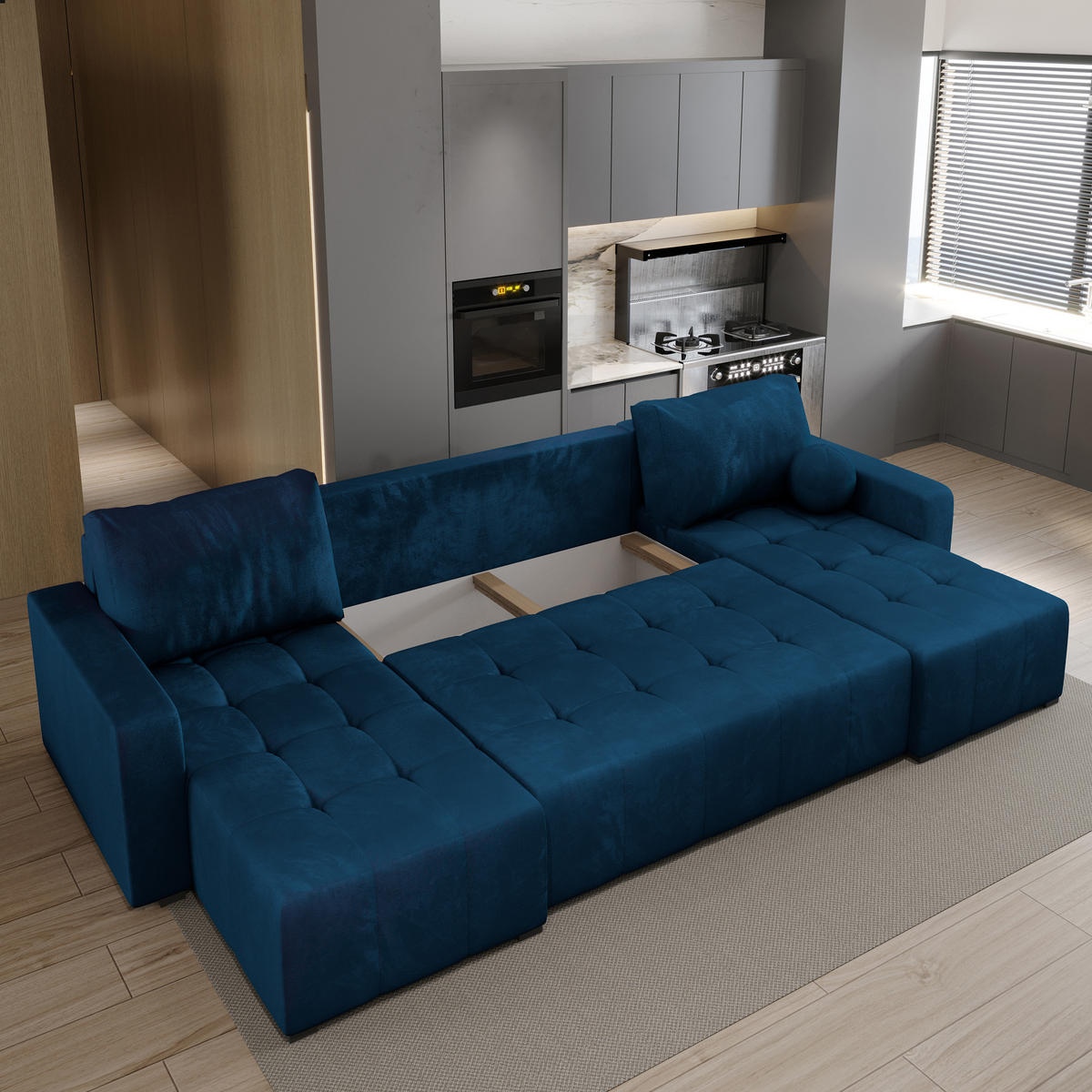 WOHNLANDSCHAFT TOLARI Blau Plüsch-Stoff mit Schlaffunktion - Blau, Holz (295/85/140cm) - MASSENO