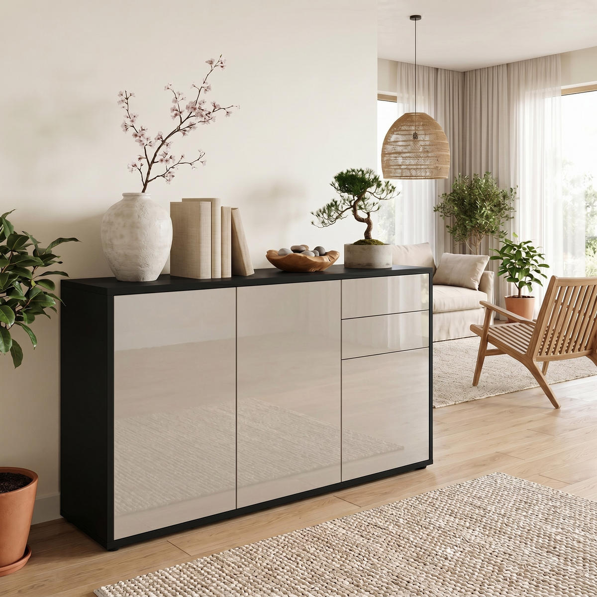 KOMODA Ben V3 Crna mat/Pješčano siva visoki sjaj (117 x 74 x 36 cm) - boje pijeska, drvni materijal (117/74/36cm) - Vladon