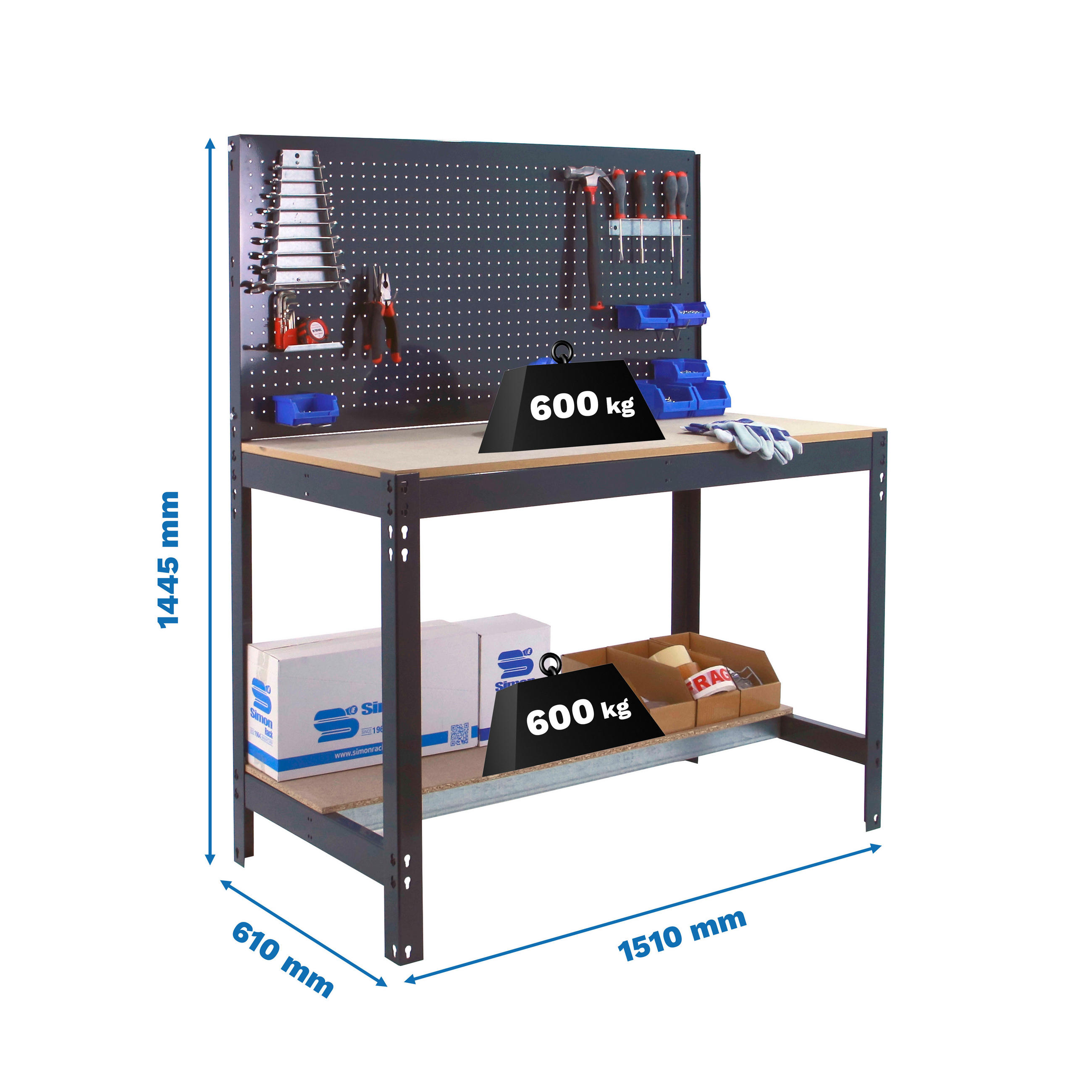 WERKBANK BUFFALO mit Werkzeugwand | HxBxT 84x150x61cm | Traglast 600kg | Anthrazit - Anthrazit, Metall (150/84/61cm) - PROREGAL