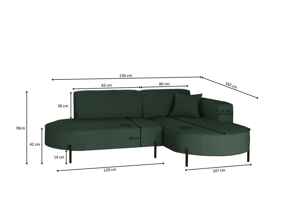 ECKSOFA L-Form Designer Modena Rein stoff Cord Grün Rechts - Grün, Holzwerkstoff (236/165cm) - Kaiser Möbel