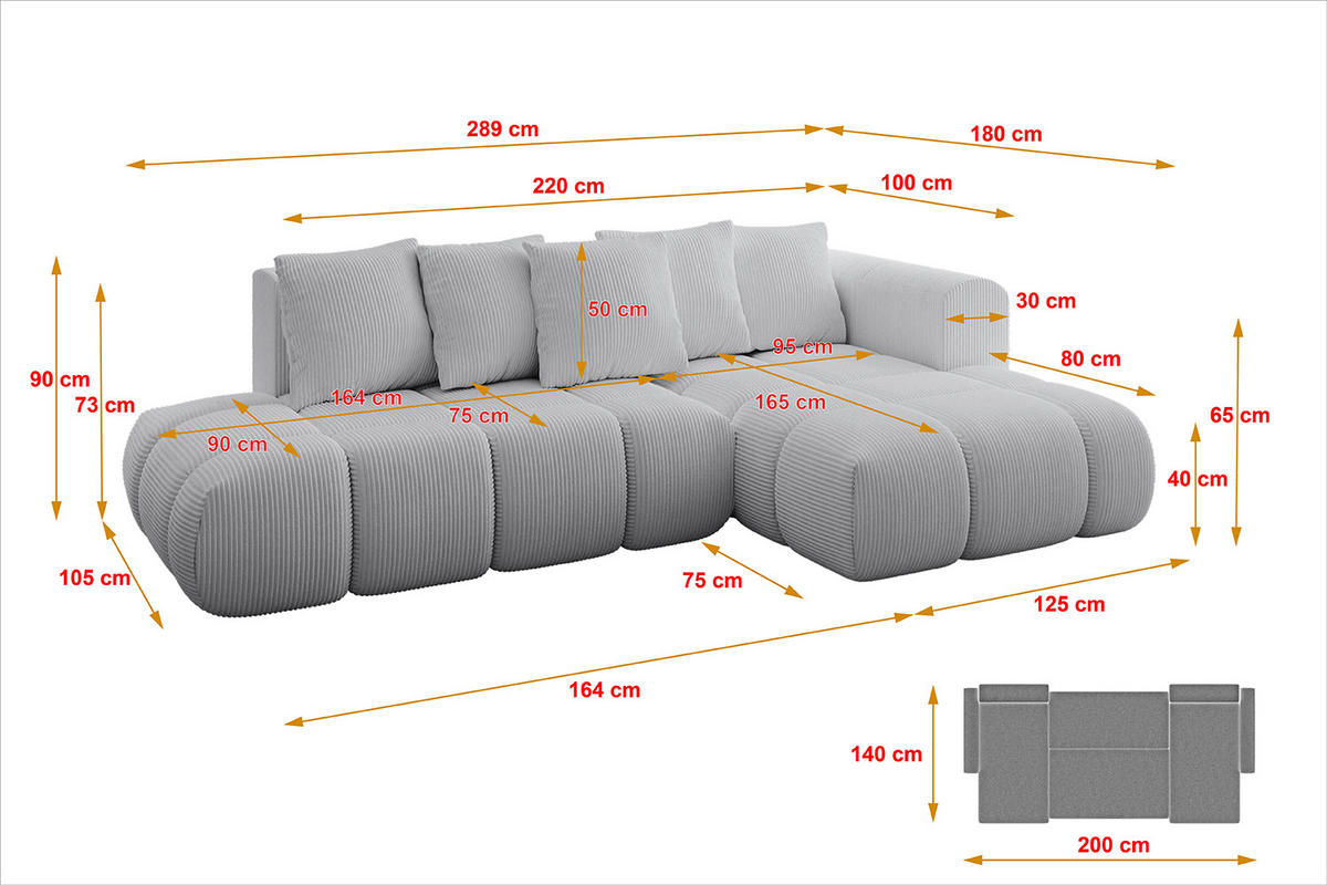 ECKSOFA Ottomane Rechts CLOUD-L-v1 289x180x40 Grau Cord - Grau, Holzwerkstoff/Kunststoff (289/180cm) - ALTDECOR