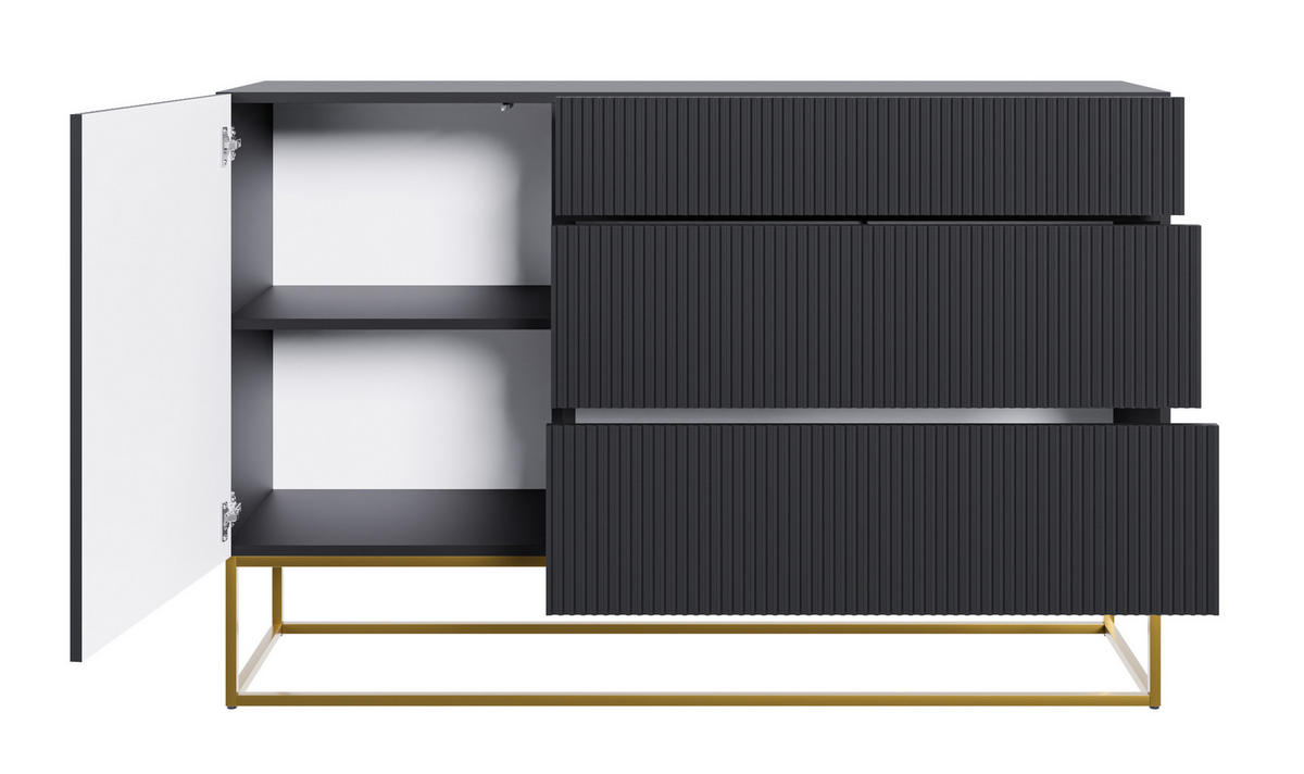 SIDEBOARD Veldio Schwarz mit 3 Schubladen 140 cm - Goldfarben/Schwarz, Holzwerkstoff/Metall (140/90/38cm) - Selsey