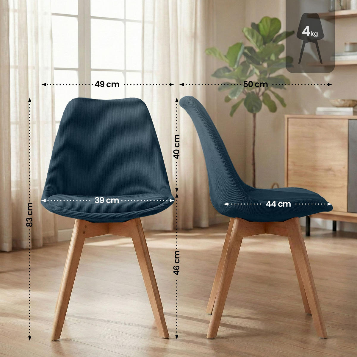 STUHL 4 Cord Dunkelblau - Eukalyptusholzfarben/Dunkelblau, Holz/Textil (49/83/50cm) - CLP