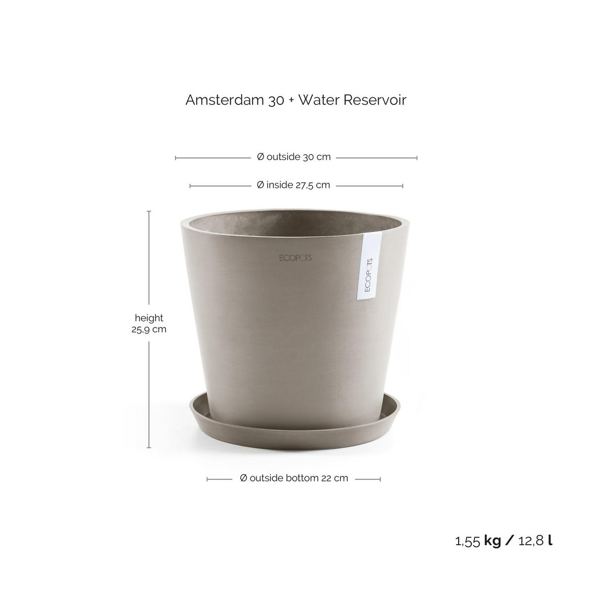 BLUMENTOPF mit Wasserreservoir Amsterdam 30/25,9 cm Taupe - Taupe, Kunststoff (30/25.9cm) - Ecopots