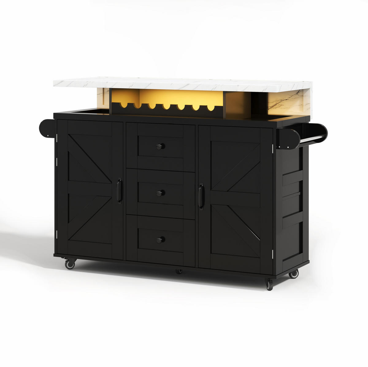 KÜCHENINSEL aus MDF 138x60x93 cm Schwarz mit klappbarer Arbeitsplatte, LED-Beleuchtung und 5 Rollen - Schwarz, Holzwerkstoff (138/93/60cm) - Modfu