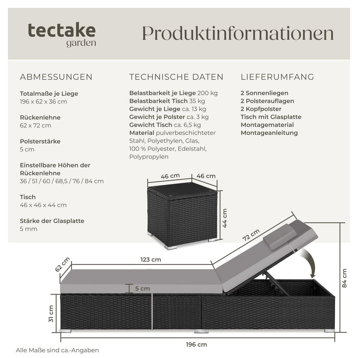 RATTAN-DOPPELLIEGE Carbonera, Belastbarkeit je 200 kg, schwarz - Schwarz, Kunststoff (62/36/196cm) - tectake