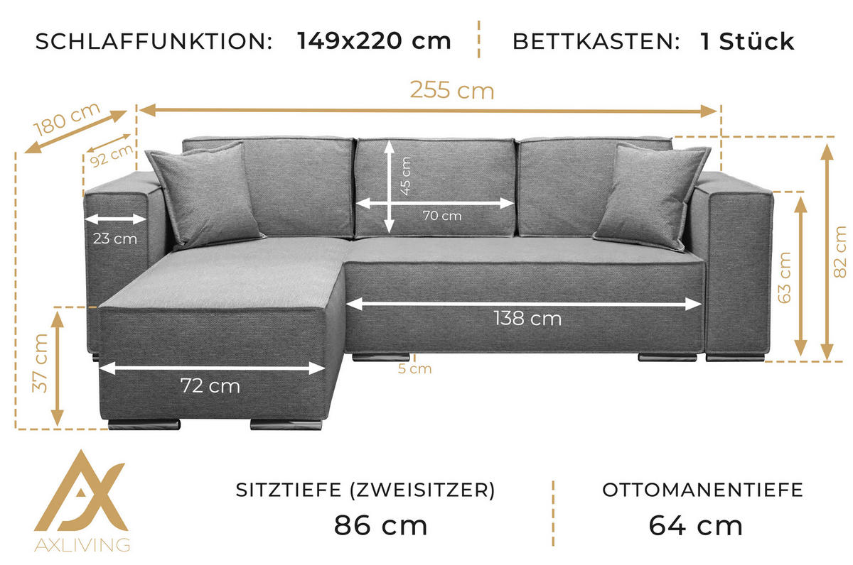 ECKSOFA L Form Vinoria Braun 255/180/82 cm Rechts mit Schlaffunktion - Chromfarben/Braun, Textil/Metall (255/180cm) - AX Living