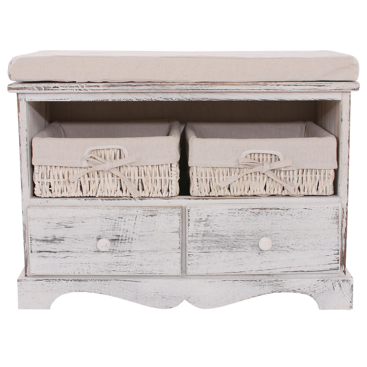 SITZBANK 2 KÖRBE SHABBY-LOOK Cremeweiß - Weiß, Holz (62/42/33cm) - MCW