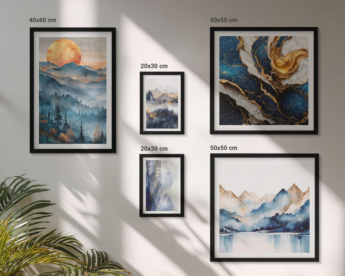 BILDER SET 5er Set - 50x50 cm & 20x30 cm & 40x60 cm Schwarzer Rahmen - Blaue Berglandschaften - Schwarz, Kunststoff (40/60cm) - TULUP