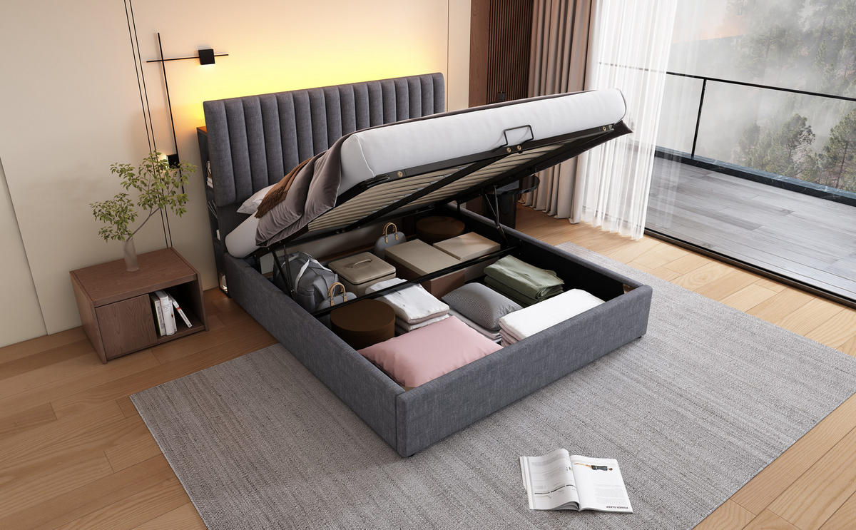 POLSTERBETT 140/200 cm in Grau Leinen mit Bettkasten, LED und USB Type-C - Grau, Holzwerkstoff/Textil (140/200cm) - WISHDOR