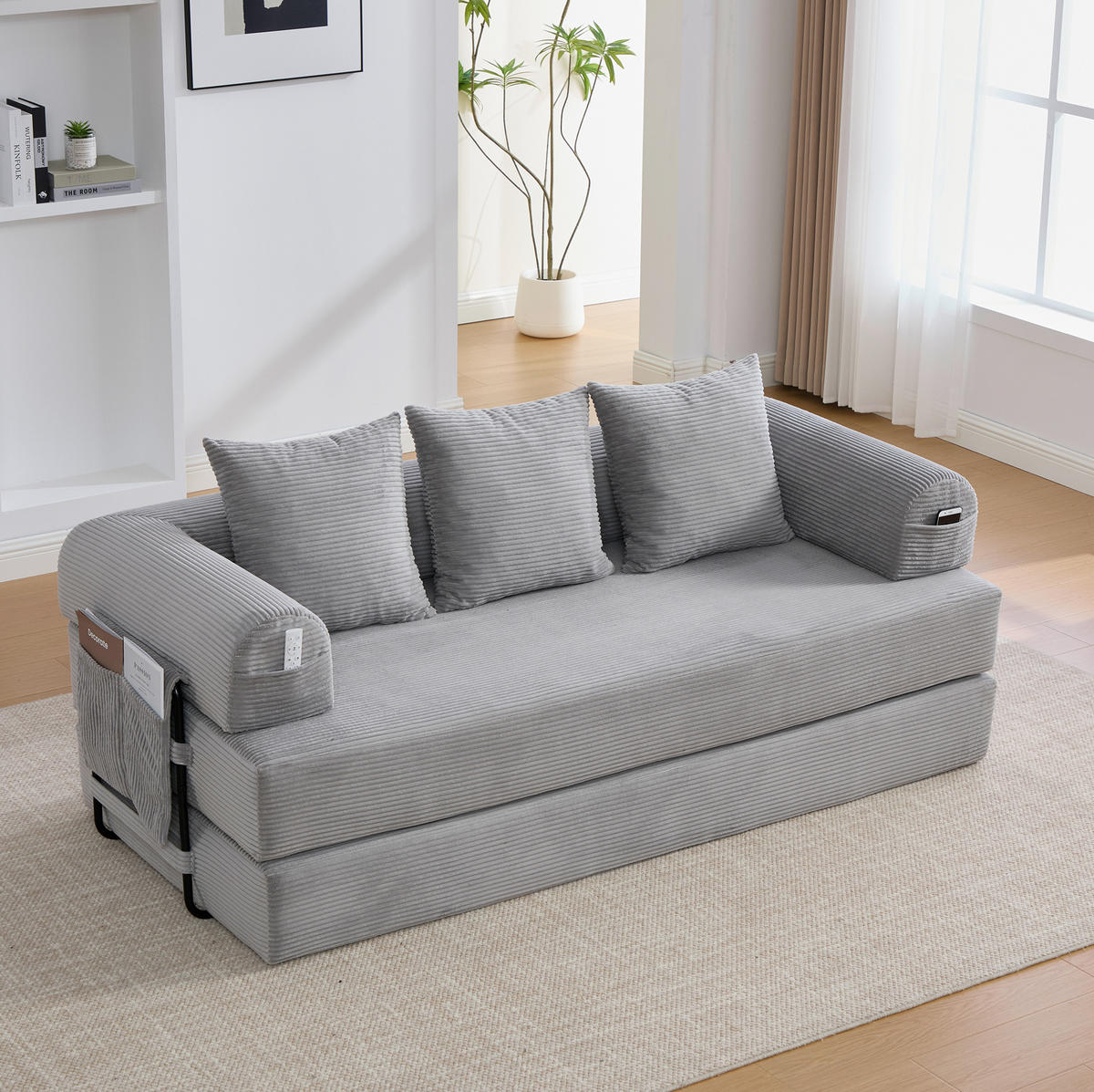 SOFA 200/94/67 cm aus Cord mit Metallgestell und 3 Kissen Hellgrau - Hellgrau, Textil (94/67/200cm) - Modenvie