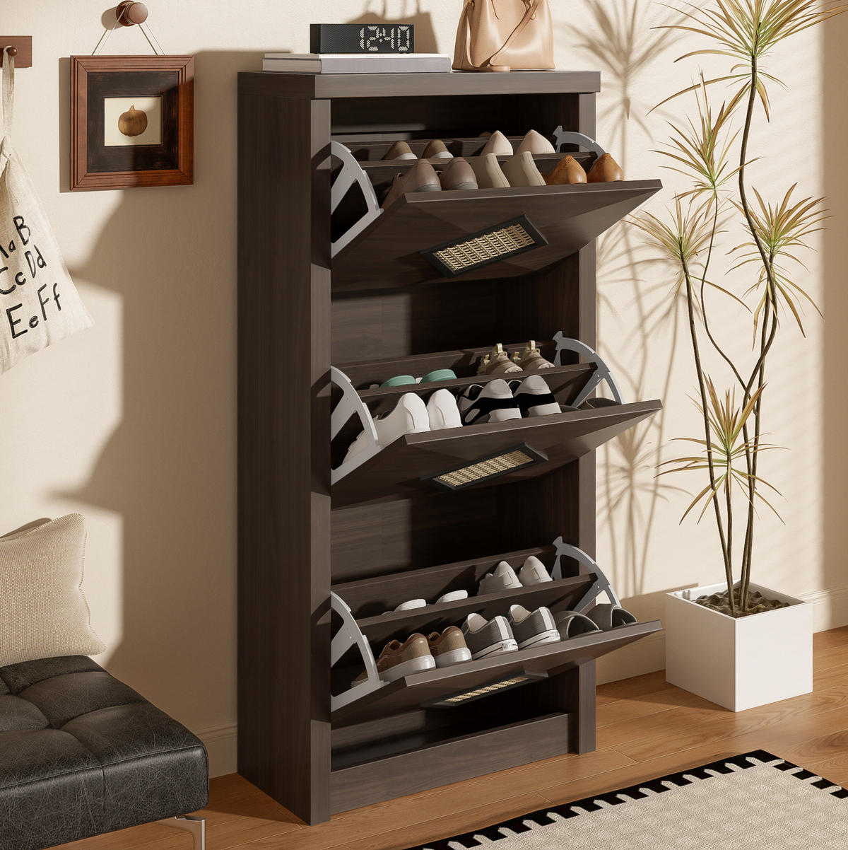 SCHUHSCHRANK aus Spanplatte 54x25x115cm in Naturfarben Dunkelbraun mit 3 Klappfächern - Naturfarben, Holzwerkstoff (54/115/25cm) - Modfu