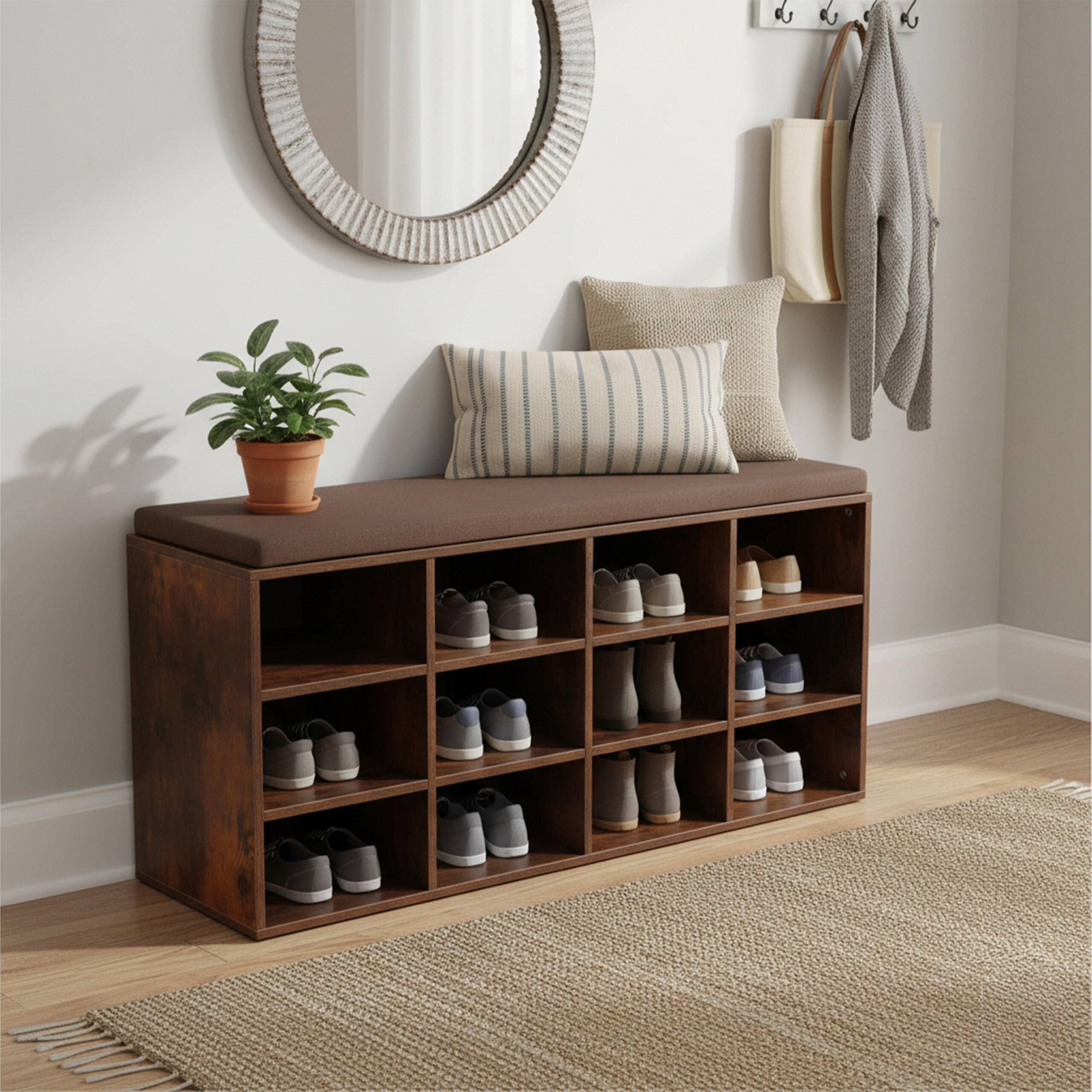 SCHUHBANK - Dunkelbraun, Holzwerkstoff/Textil (104/48/30.5cm) - Relaxdays