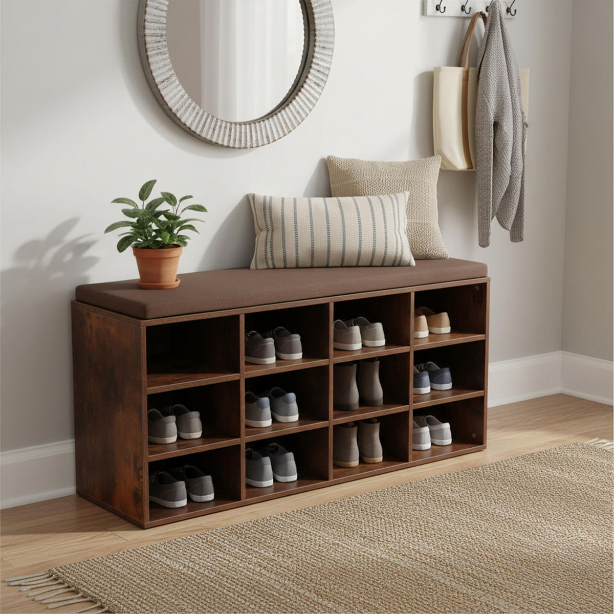 SCHUHBANK - Dunkelbraun, Holzwerkstoff/Textil (104/48/30.5cm) - Relaxdays