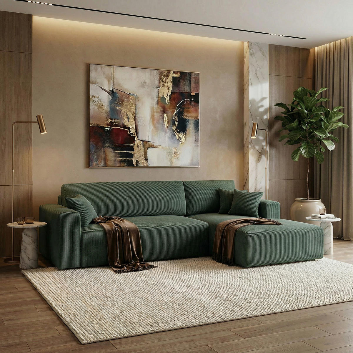 ECKSOFA PULA CORD GRÜN L - Rechts - Schwarz/Grün, Kunststoff/Textil (279/187cm) - Luxkor24