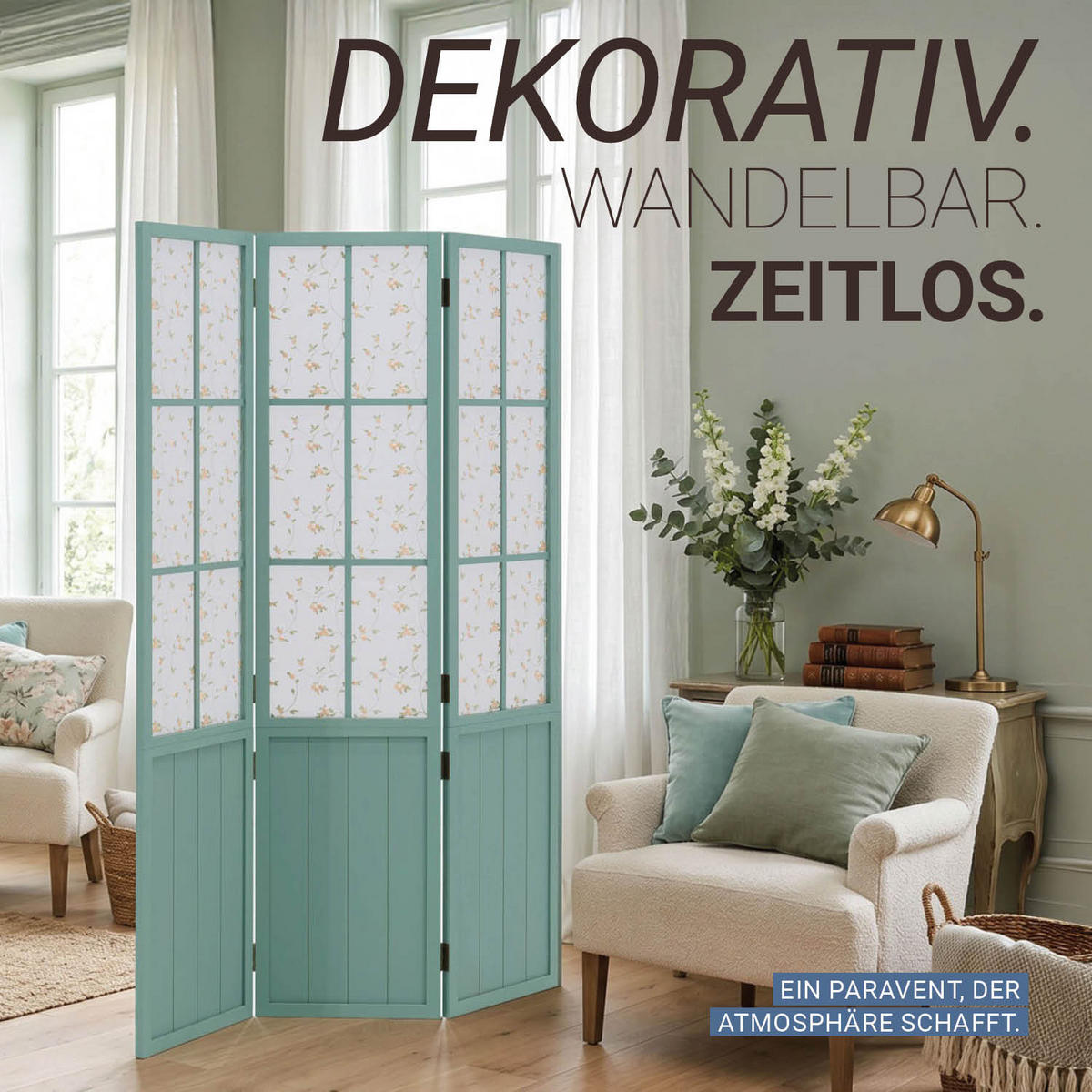 PARAVENT 3-tlg. 120/170 cm Türkis Landhausstil - Türkis, Holz (120/170/2cm) - Homestyle4u