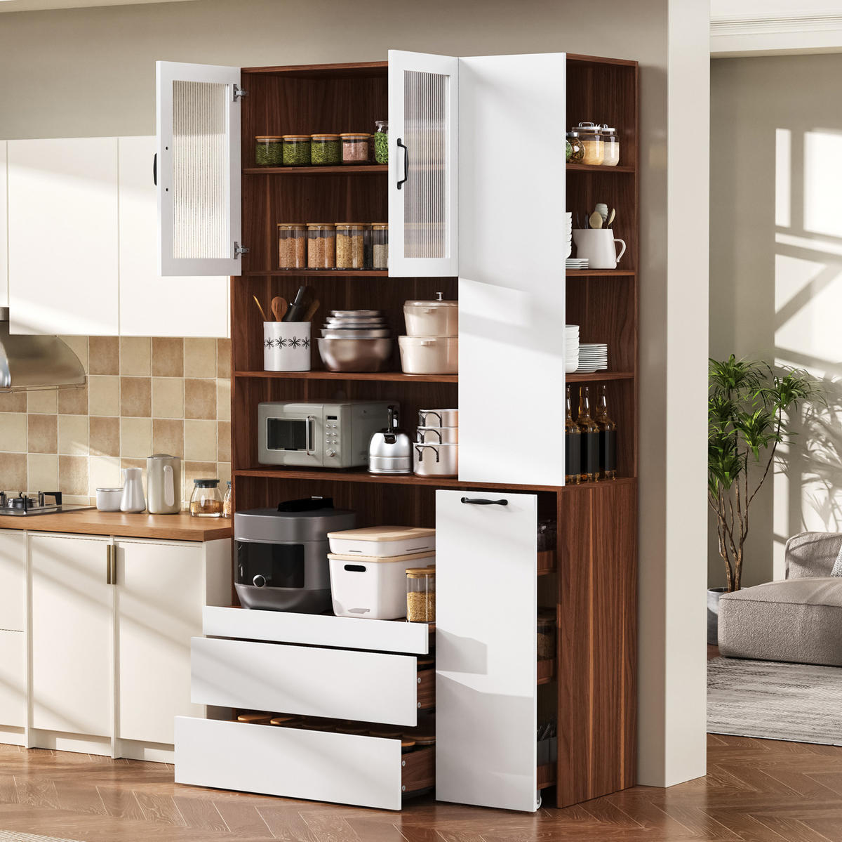 HIGHBOARD 100/40/200 cm mit 2 Schubladen und Riffelglas in Weiß/Nussbaum - Weiß, Holzwerkstoff (100/200/40cm) - BEAOK
