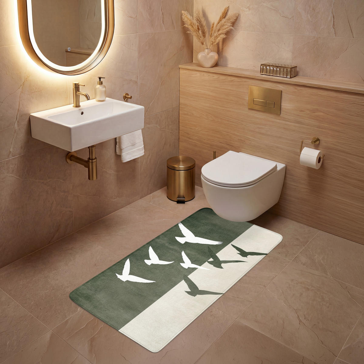 WC PŘEDLOŽKA Japandi - Pták - Zelený 60x120 cm - olivově zelená, textil/plast (60/1cm) - OnlyWow