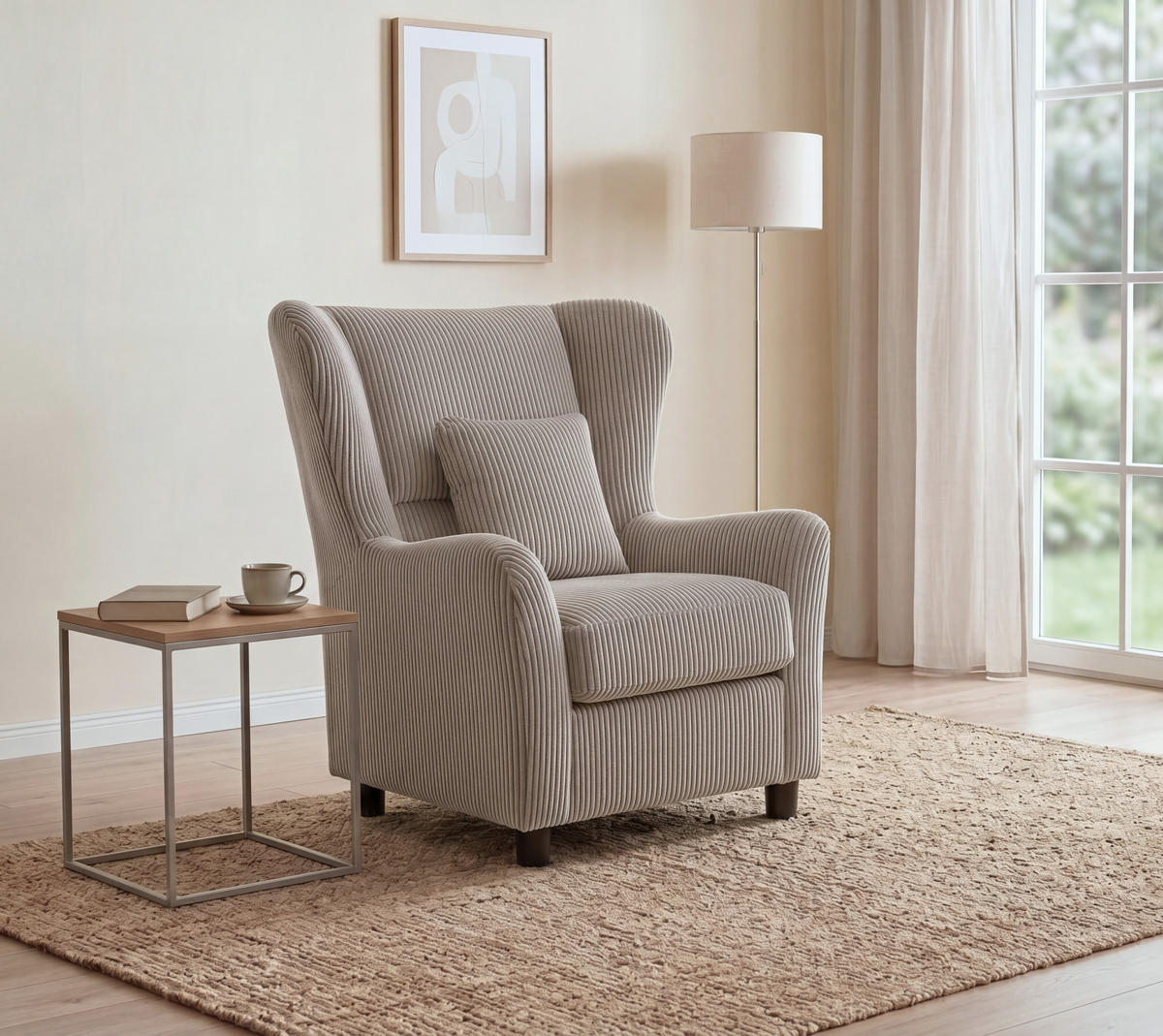 OHRENSESSEL mit HOCKER, hoher Sitzkomfort durch Taschenfederkern, Cord Taupe / 16144 - Taupe/Schwarz, Holz/Textil (89/95/79cm) - luma-home