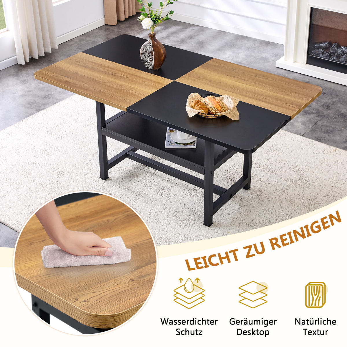 ESSTISCH 160/90/76 cm mit Ablagefach und kratzfester Tischplatte aus MDF und Metall, Schwarz/Holzfarben - Schwarz, Holzwerkstoff (160/90/76cm) - Redom