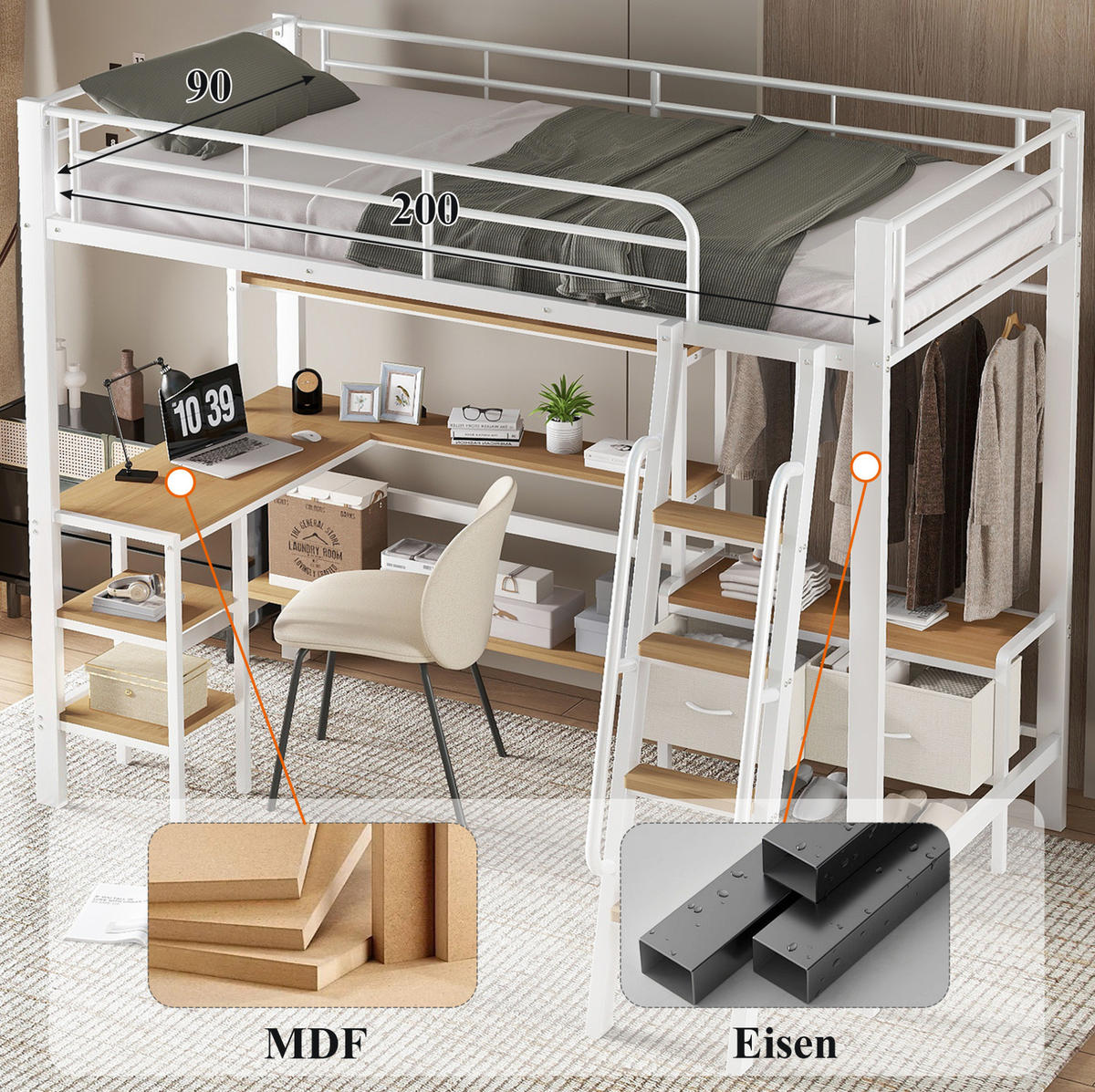 HOCHBETT 90/200 cm Weiß/Natur aus Eisen und MDF mit Schreibtisch - Weiß, Metall (90/200cm) - OKWISH