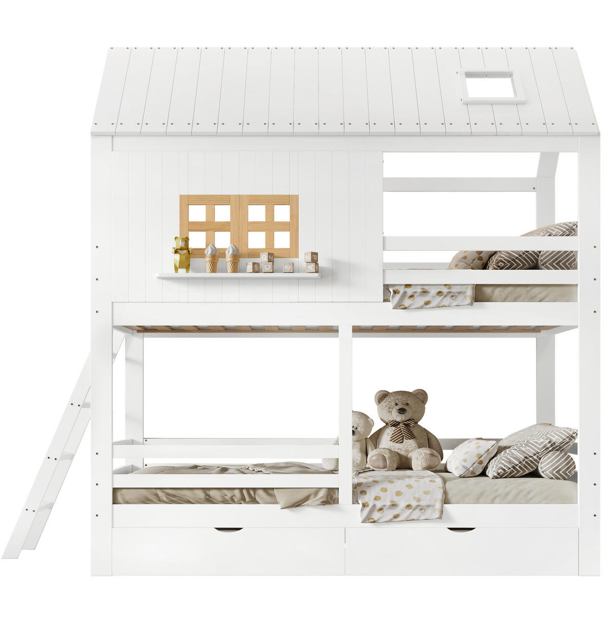 ETAGENBETT 90/200 cm aus Kiefer und MDF mit Dach, Fenstern, Leiter und 2 Schubladen, Weiß/Natur - Weiß, Holz (90/200cm) - Redom