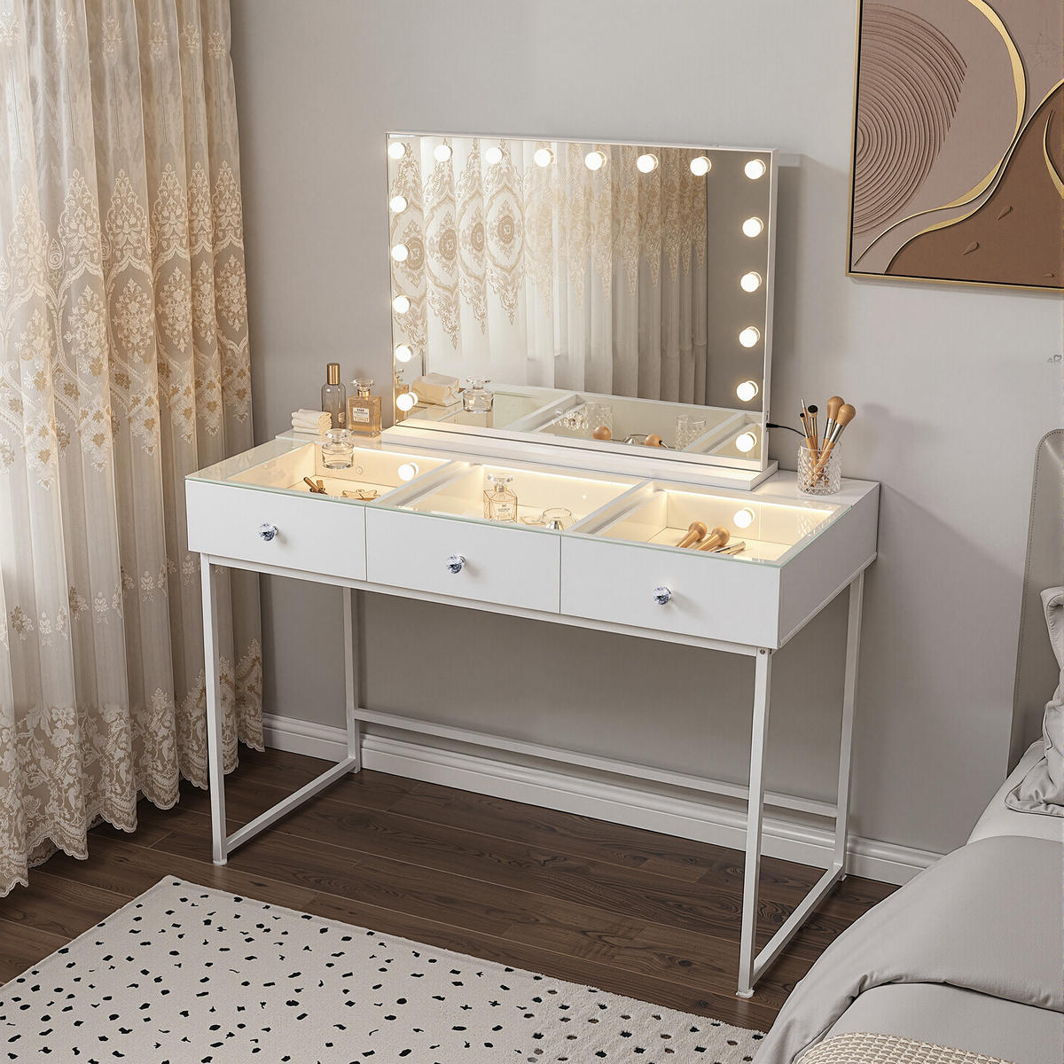 SCHMINKTISCH mit 3 Schubladen 115/55/81 CM und LED Beleuchtung Schminkspiegel Lichtleiste weiß 80/58 cm - Weiß, Holz (55/81/115cm) - VANITII